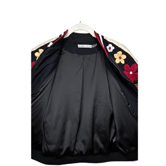 Alice + Olivia Silk Floral Embroidered Bomber Jacket Black Statement S - Picture 9 of 11